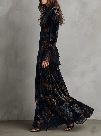 Black and Blue Floral Velvet Lace Trim Bell Sleeves Flowing Maxi Dress