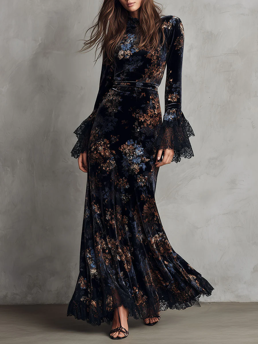 Black and Blue Floral Velvet Lace Trim Bell Sleeves Flowing Maxi Dress