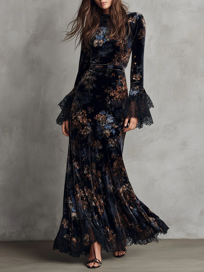 Black and Blue Floral Velvet Lace Trim Bell Sleeves Flowing Maxi Dress