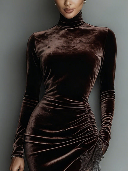 Chocolate Velvet Irregular Hem Lace Fitted Maxi Dress