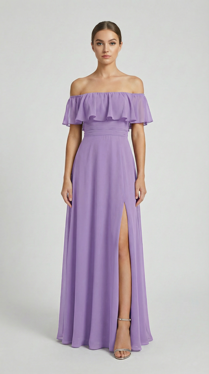 Elegant Off-The-Shoulder Maxi Bridesmaid Dress with High Slit