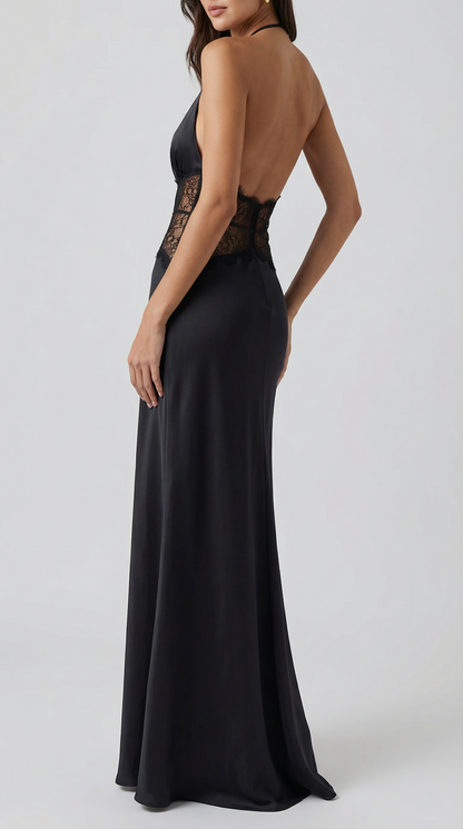 Backless Deep V Halter Lace Waist Satin Maxi Dress