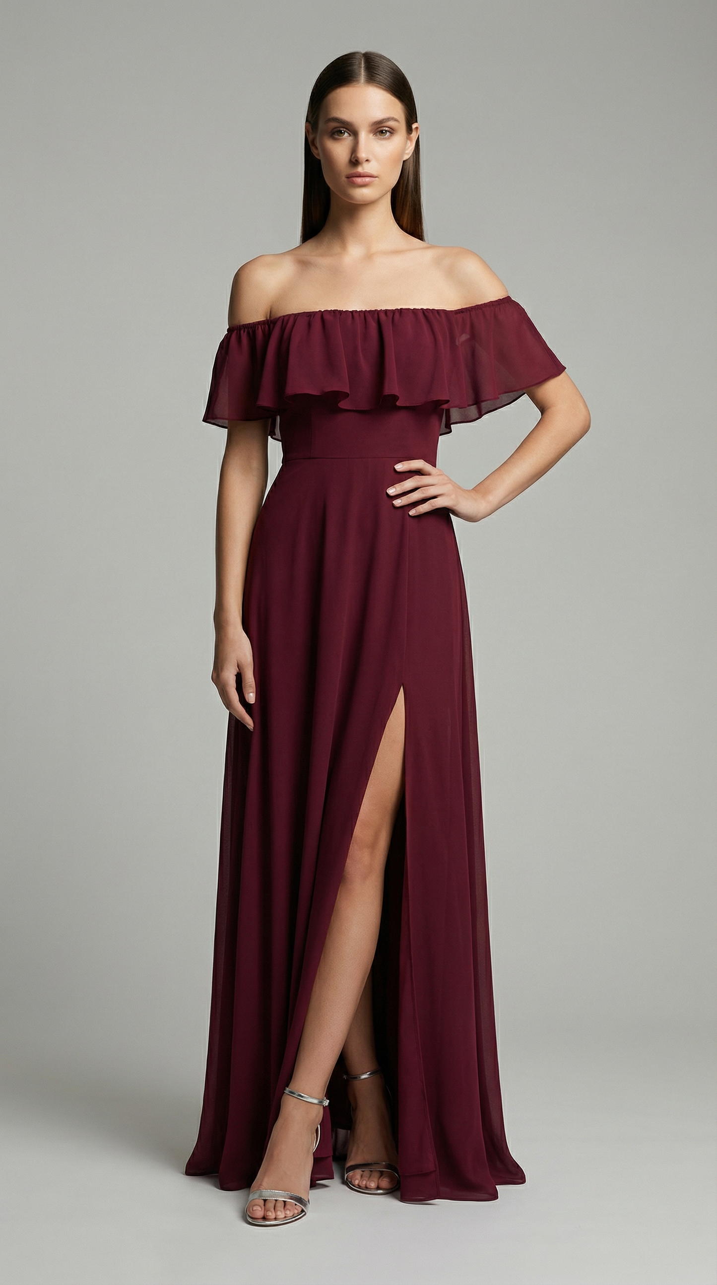 Elegant Off-The-Shoulder Maxi Bridesmaid Dress with High Slit