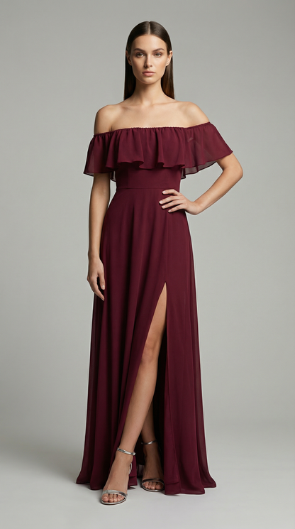 Elegant Off-The-Shoulder Maxi Bridesmaid Dress with High Slit