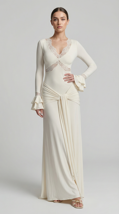 Elegant Deep V Lace Cutout Backless Long Sleeve Maxi Dress