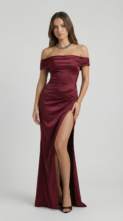 Elegant Off-Shoulder Maxi Dress with High Slit – Ruched Slim Fit Party Dress