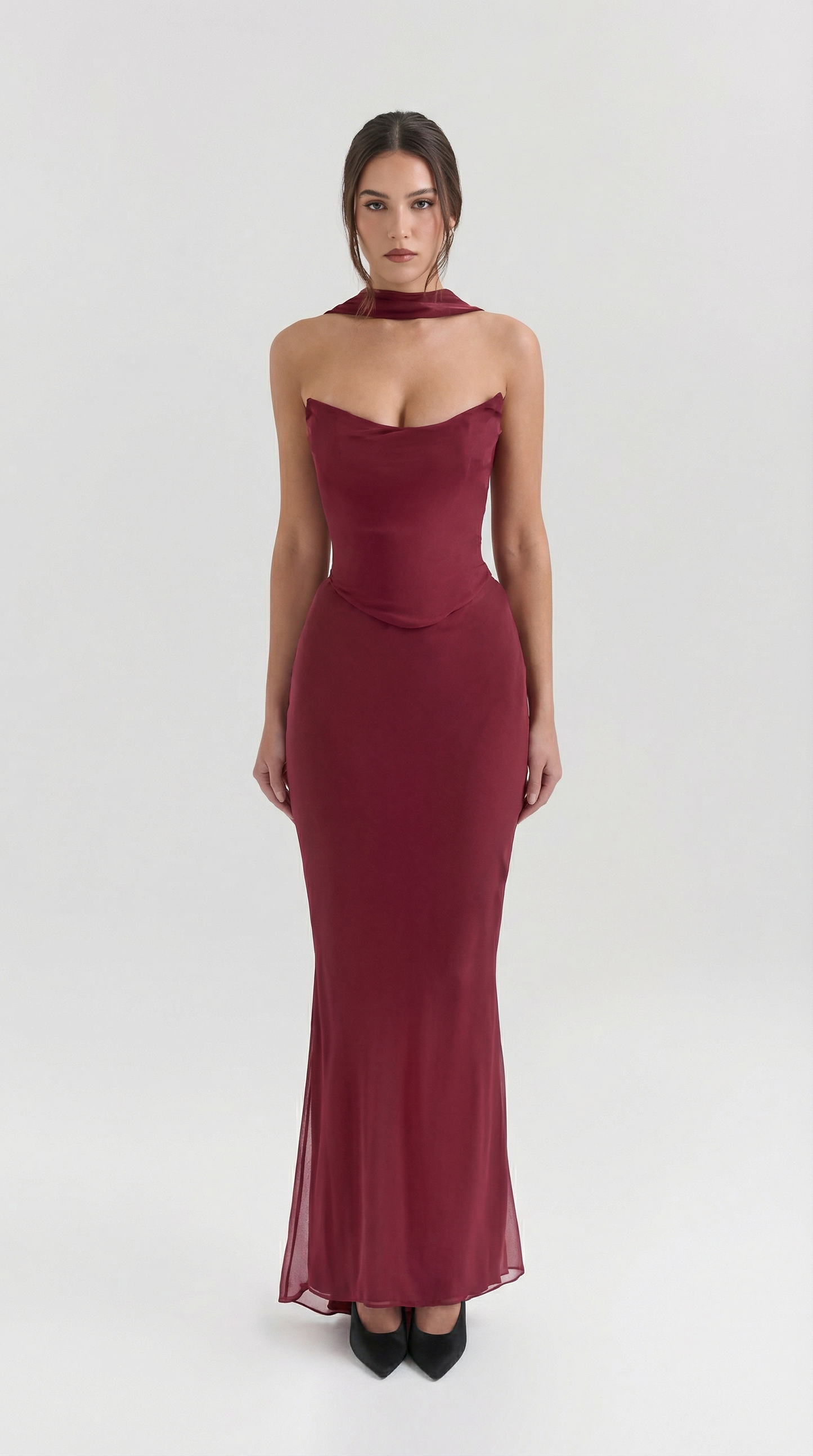 2-Piece Corset Maxi Dress Set with Choker Scarf