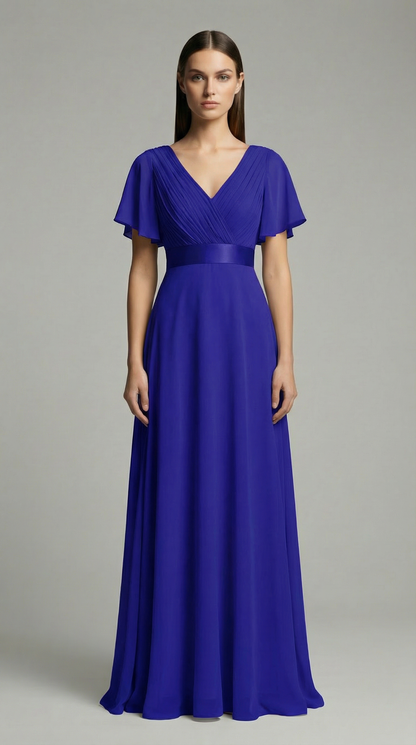 Elegant V-Neck Chiffon Maxi Evening Dress with Flutter Sleeves