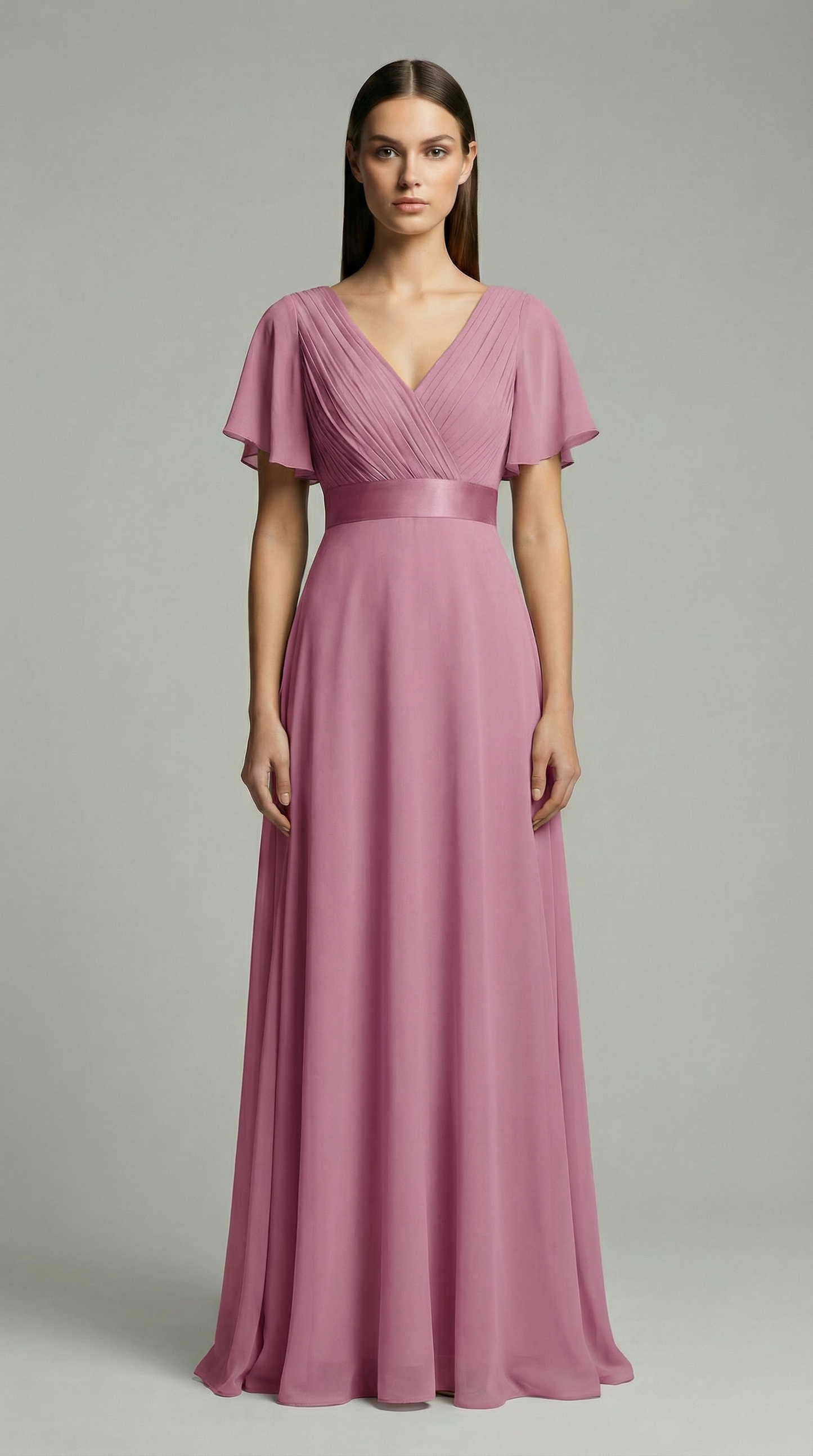 Elegant V-Neck Chiffon Maxi Evening Dress with Flutter Sleeves