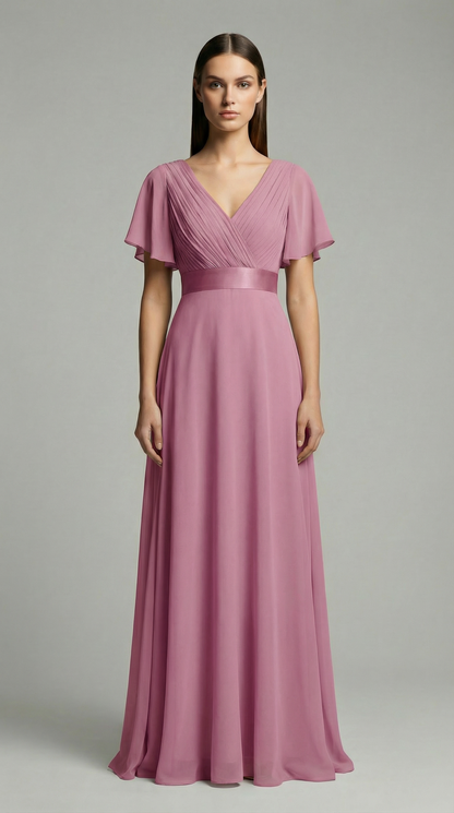 Elegant V-Neck Chiffon Maxi Evening Dress with Flutter Sleeves