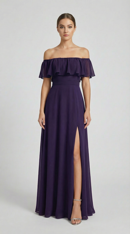Elegant Off-The-Shoulder Maxi Bridesmaid Dress with High Slit