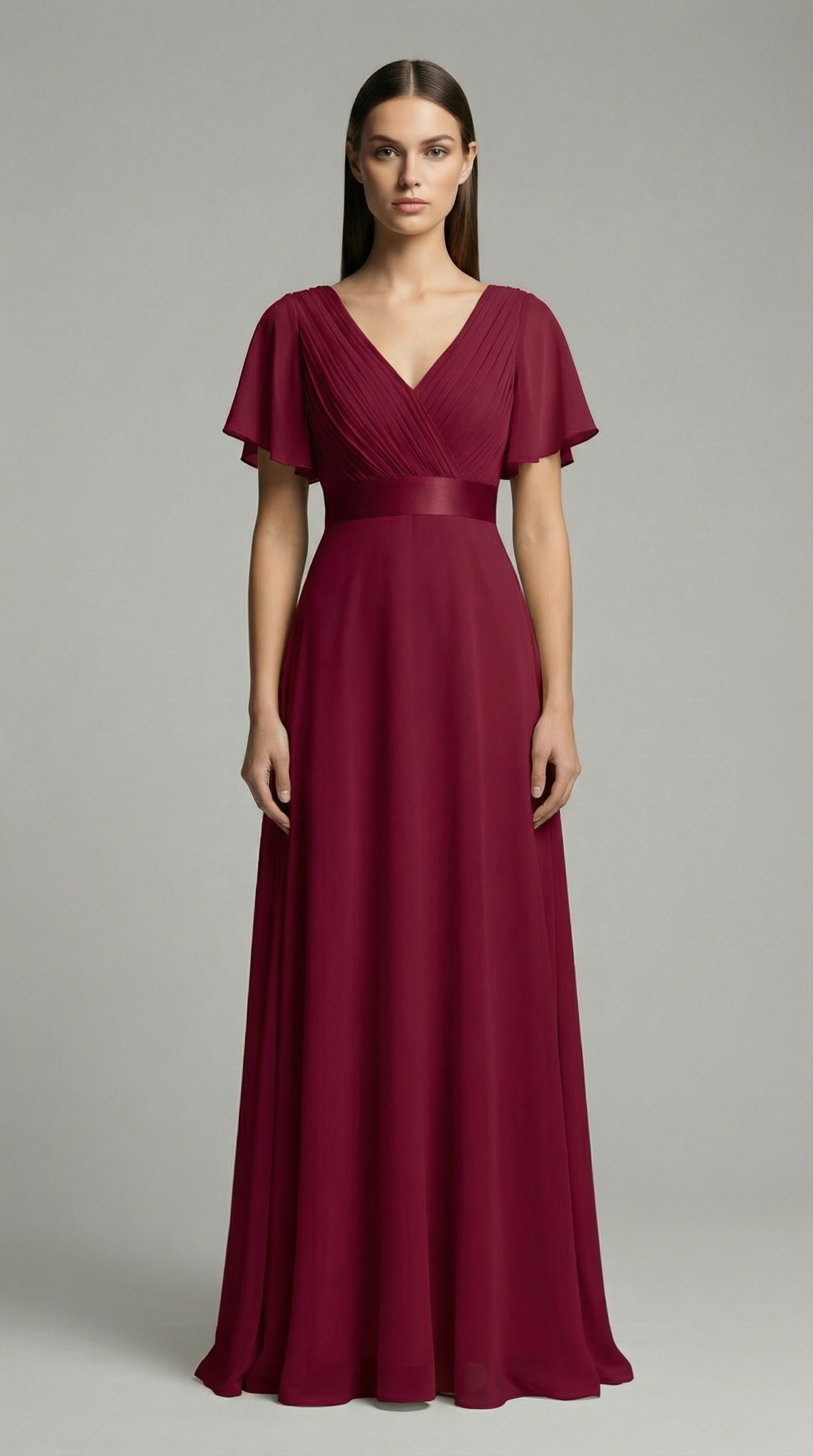 Elegant V-Neck Chiffon Maxi Evening Dress with Flutter Sleeves
