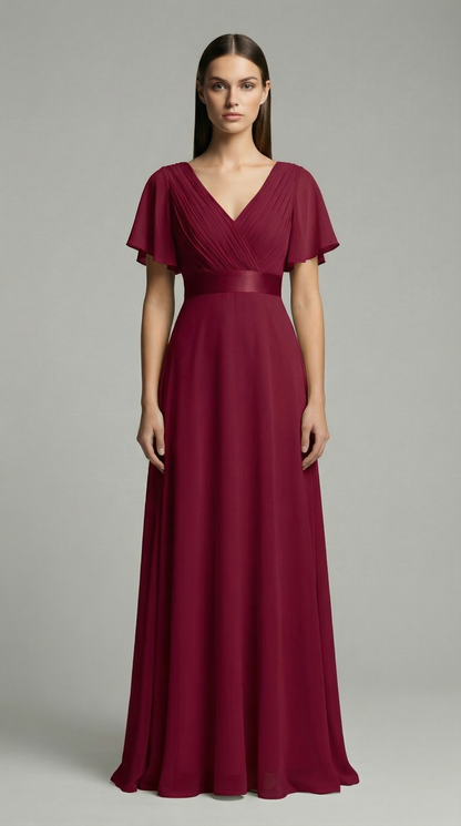 Elegant V-Neck Chiffon Maxi Evening Dress with Flutter Sleeves