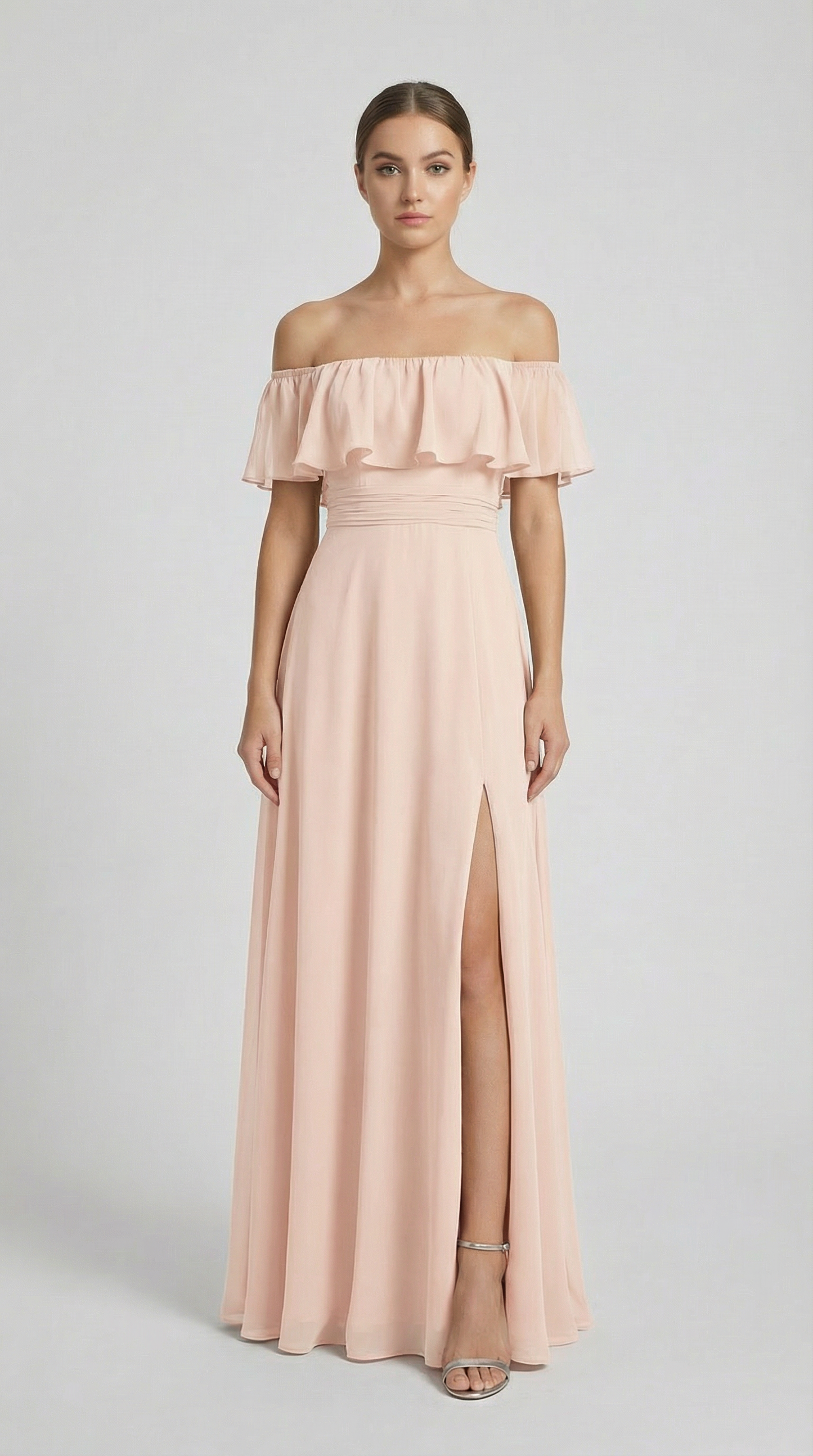 Elegant Off-The-Shoulder Maxi Bridesmaid Dress with High Slit