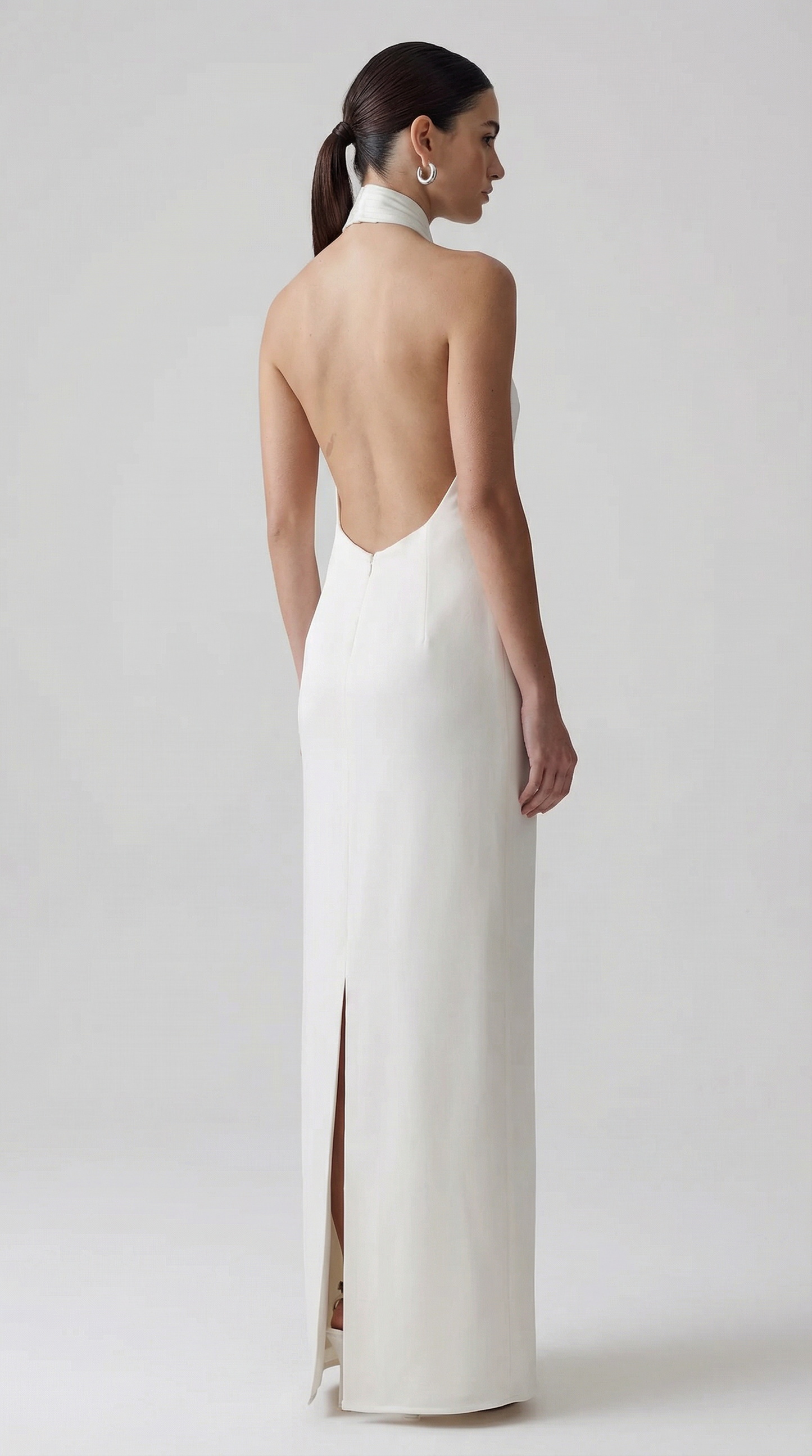 Solid Halter Neck Ruched Waist Sleek Maxi Dress