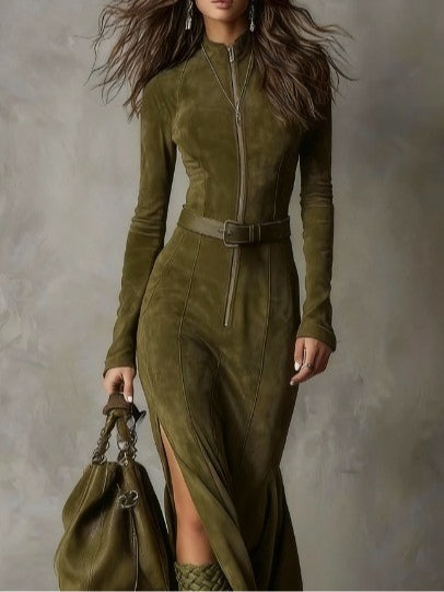 Vintage Green Zipper Belted Maxi Dress（Includes belt）