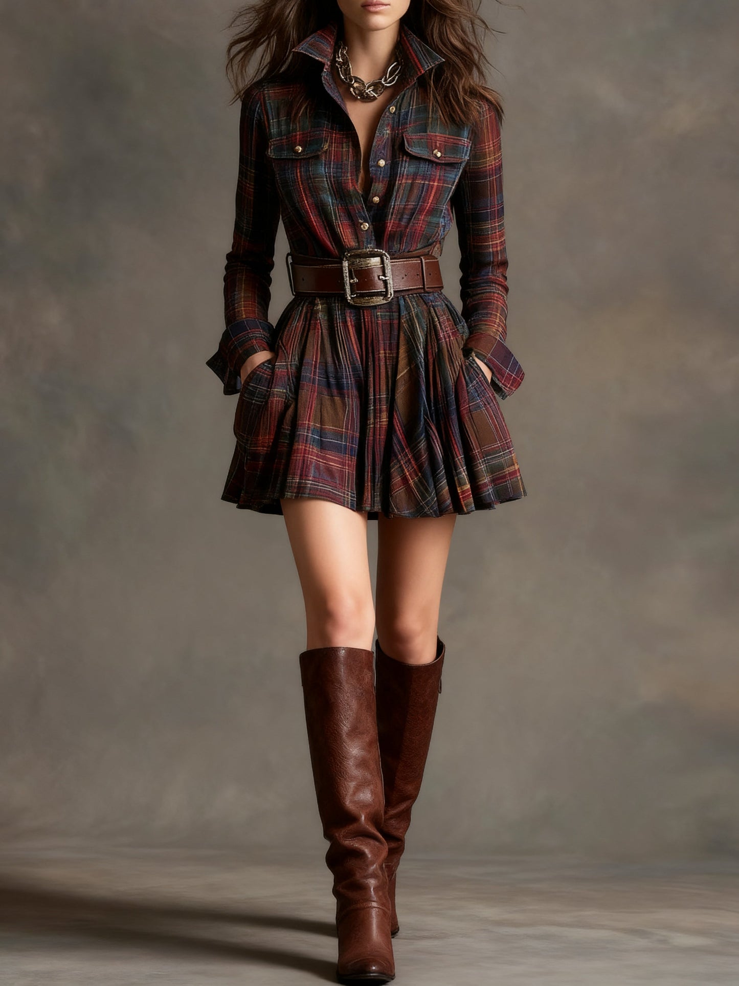 Vintage Lapel Red and Brown Plaid Mini Dress（Includes belt）