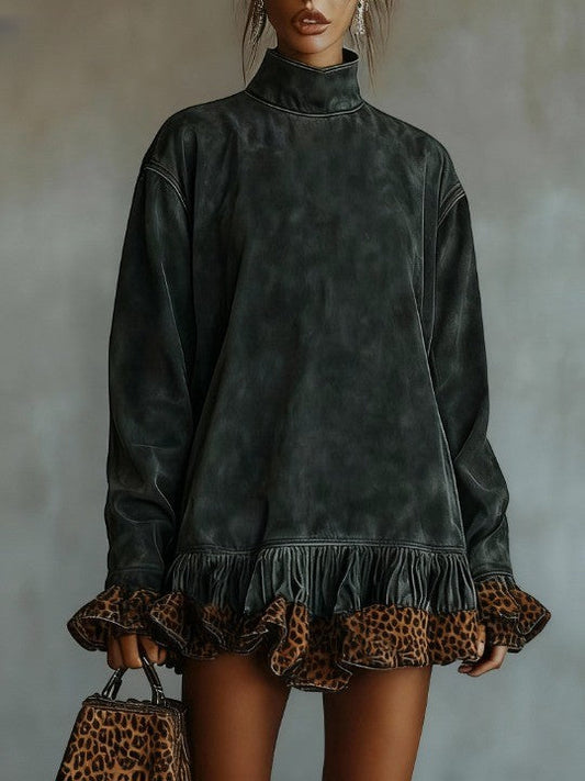 Turtleneck suede leopard print paneled hem mini dress