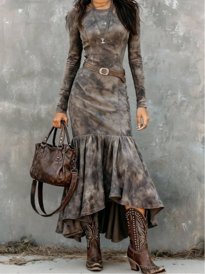 Vintage Polyester Flare Hem Midi Dress（Includes belt）